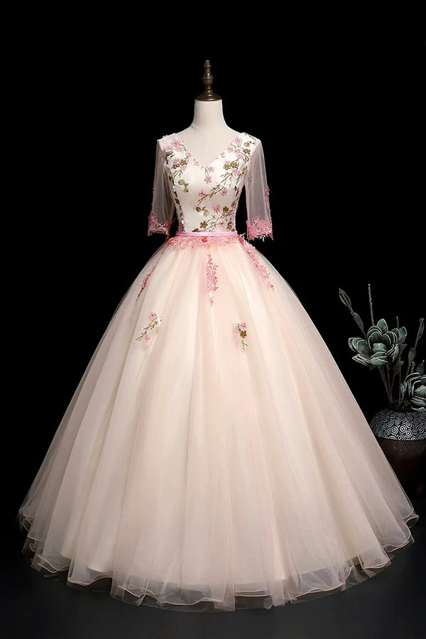 Wholesale Champagne V-Neck Lace Long Prom Dress A-Line 1/2 Sleeves Evening Party Dress